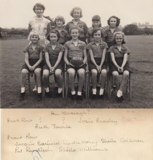 Netball Team 1957-58. Back row from left are, Miss Ina Pike and Vanessa Crew. Front row, second from left is Sandra Honey - not Linda Honey. Netball Team 1957-58. Back row from left are, Miss Ina Pike and Vanessa Crew. Front row, second from left is Sandra Honey - not Linda Honey. | Thanks to Ina Pike