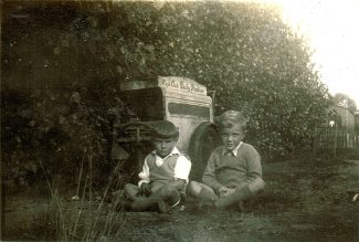 Brother John with friend Tony with old hand cart in background Brother John with friend Tony with old hand cart in background | Peter Sloper