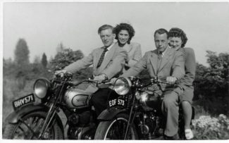 My Mum and Dad at Ferndale, Topsham Road on the Triumph and their friends Ted & Stella from Hainault circa 1950